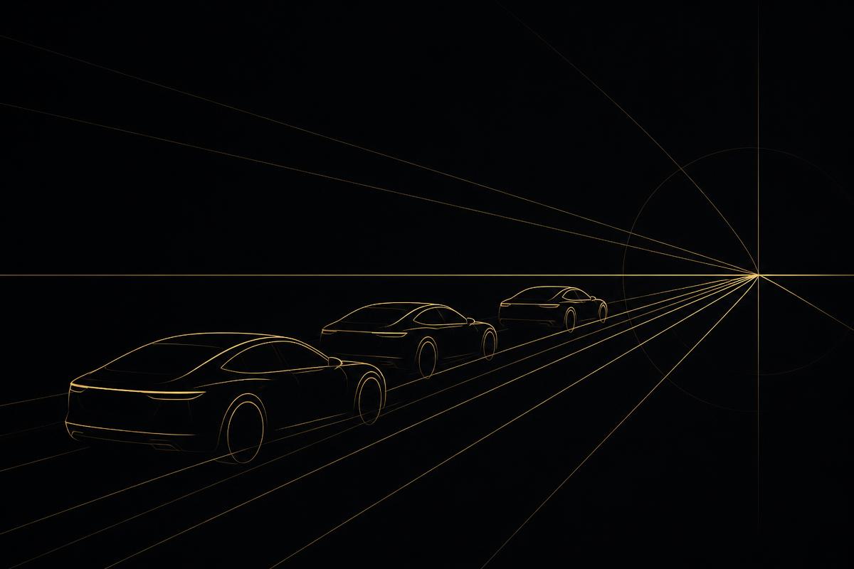 Line-art illustration of dealerships converging on one request