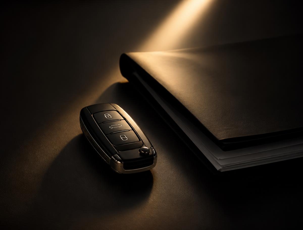 Car key and paperwork under a warm light